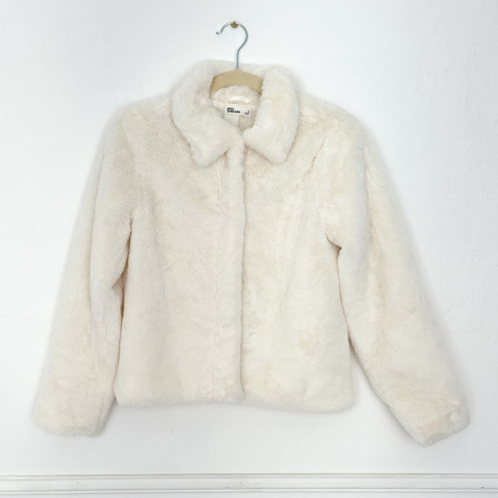 Epic Threads Kids Cream Fuzzy Faux Fur‎ Jacket Button Front Collar Long Sleeve